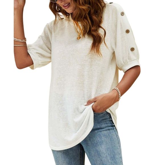 Enno White Button Accent Half-Sleeve Crewneck Tee Size L - Picture 3 of 4